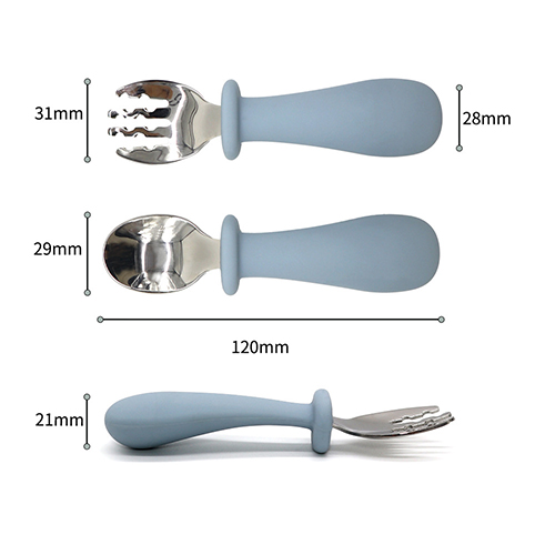 Cuchara y tenedor para bebé de acero inoxidable |Cuchara y Tenedor con Mango de Silicona - Blanco Cremoso