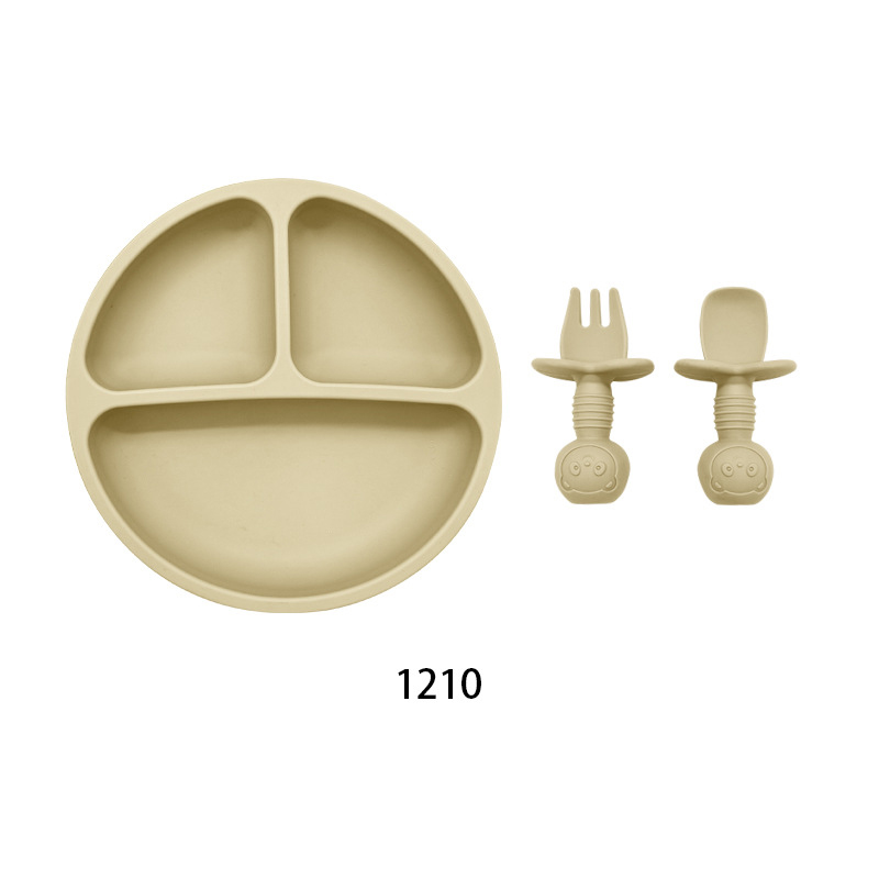 Paquete de 3 platos redondos divididos con cara sonriente, plato de silicona para comida de bebé con mango corto, tenedor y cuchara de entrenamiento con cabeza de oso
