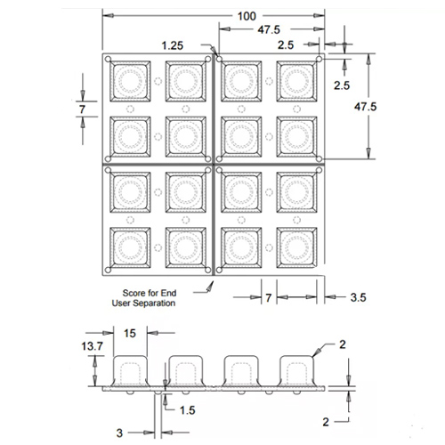 El tamaño del teclado con botones de silicona translúcida es de 100 mm x 100 mm x 13,7 mm