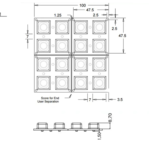 El tamaño del teclado con botones de silicona translúcida es de 100 mm x 100 mm x 8,7 mm