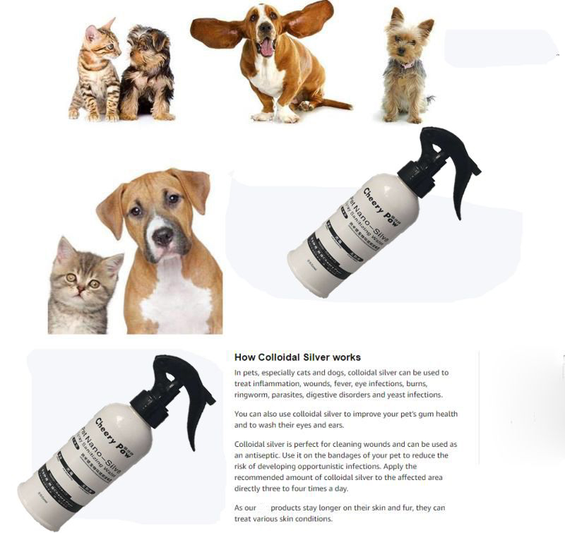 Fabricación de etiqueta privada en aerosol de plata coloidal nano antimicrobiana de grado alimenticio 100PPM para tratamiento de cuidado de la piel de mascotas